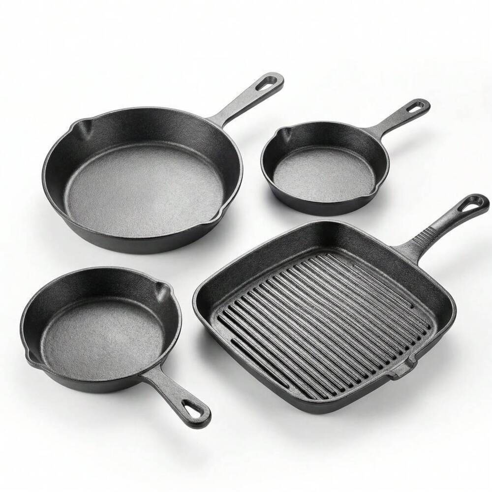 Camping Cooking Set For 4 - 4-Piece Cast Iron Cookware Set, Round