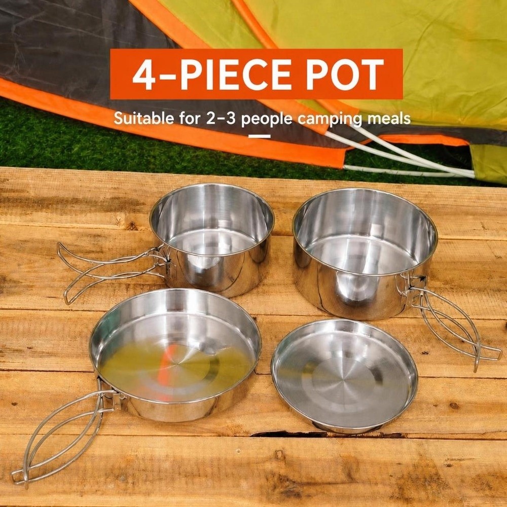 4 Pcs Portable Stainless Steel - Camping Cooking Set For 4 评论和价格